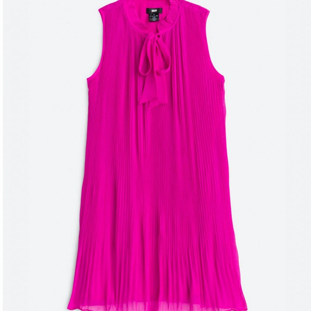 DKNY Sleeveless Pleated Tie Neck Shift Dress, fuchsia pink, size 10
